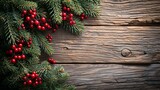 Fototapeta Nowy Jork - b'Christmas rustic background with fir tree branches and red berries'