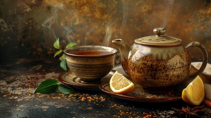 Canvas Print - Teapot and tea cup on table