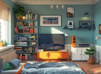 Canvas Print - b'Cozy Retro Bedroom Interior Environment Design'