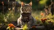 b'A cute cat wearing a beaded necklace is sitting in a garden'