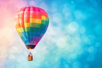 Wall Mural - Rainbow-colored hot air balloon floating elegantly with a transparent sky