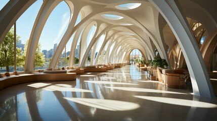 Poster - b'Futuristic interior space with large curved windows and concrete arches'