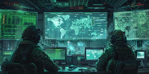 b'Military personnel monitoring a global security network'