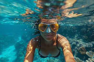 Wall Mural - Underwater shot captures the dynamics of swimming with a view of the clear blue ocean and air bubbles