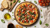 Fototapeta  - Caprese-inspired pizza with balsamic drizzle, surrounded by rustic breads on a clean, light setting, utilizing soft natural light. , natural light, soft shadows, with copy space, t