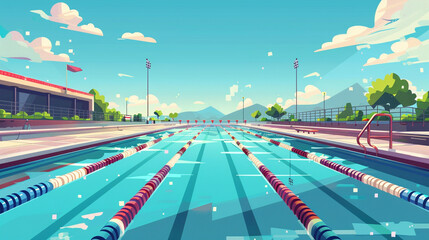 Outdoor swimming court scene in flat graphics