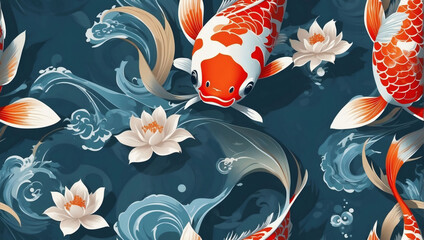 Wall Mural - Koi Serenity, Asian Background with an Oriental Japanese Style Abstract Pattern, Showcasing Beautiful Koi Fish.