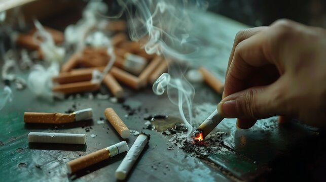 Hand crushing cigarette, cigarettes on a black table with smoke coming out of them, world no tobacco day