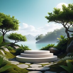 Wall Mural - 3d render of a podium with plant and beautiful landscape on the background nature scene.