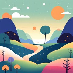 Wall Mural - abstract nature background with trees and clouds. vector illustration.