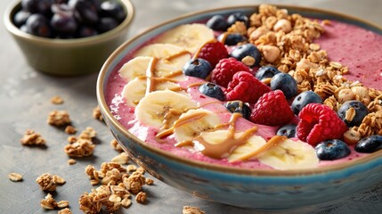 Wall Mural - Smoothie bowl with berries, banana and granola on table