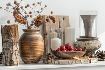 Wall Mural - Rustic decoration accents against a soft transparent white surface, adding warmth to compositions