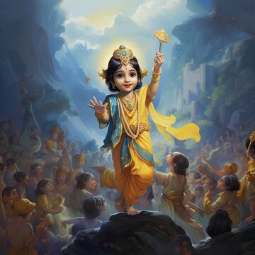 illustration of Hindu God Krishna blue in colour as a little boy wea, Generative ai