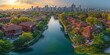 An immersive 360-degree equirectangular panorama of Toronto in the future, featuring green corridors along the Don River and
