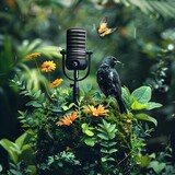 Fototapeta Lawenda - Nature Podcast Studio with Colorful Wildflowers and Perched Bird