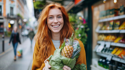 Redheaded woman smiling with groceries on city street