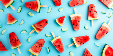 Wall Mural - Watermelon popsicles against light blue background, summer concept, top view