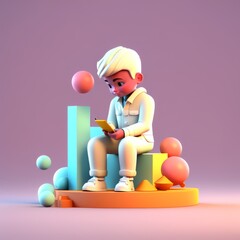 Poster - 3d rendering. render of a boy sitting on podium and holding smartphone. concept social communication technology.