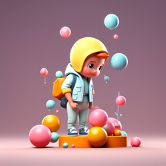 Canvas Print - 3d illustration of cute astronaut boy with a big ball, standing in pink backpack, backpack and backpack. concept, future