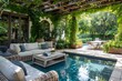 © Sidra - Lush greenery framing a cozy outdoor living space by the pool.