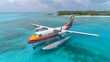 Seaplane adventure Illustrate a seaplane landing in the pristine waters of a remote island, offering travelers a thrilling aerial view