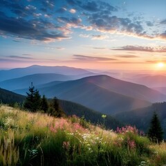 Canvas Print - Sunset in the mountain valley. Beautiful natural landscape in the summer time