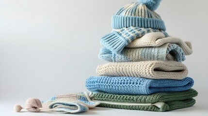 Stack of folded wool knitted baby clothes and accessories.