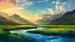 Realistic vector image of the mountain landscape and a river across the green fields.