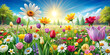 Flowers blooming in a spring field under a sunny sky,the multitude of colours a picturesque sight.Bright sunlight illuminates the scene and highlights the beauty of tulips and other flowers.AI generat