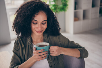 Poster - Photo of sweet pretty lady recruiter dressed shirt having coffee break indoors workshop workplace workstation