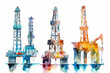 Minimalistic watercolor illustration of drilling rigs on a white background, cute and comical