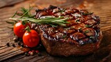 Fototapeta  - Delicious piece of ribeye or sirloin tender grilled steak with extras On wooden table