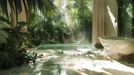 Sticker - A tropical garden with a white bathtub and a green chair. The bathtub is filled with water and the chair is placed in front of it