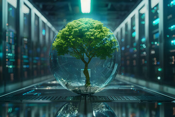 Wall Mural - Green digital technology, save and renewable energy, trends in energy use that give importance to care the environment, beautiful globe and tree hovering in data center