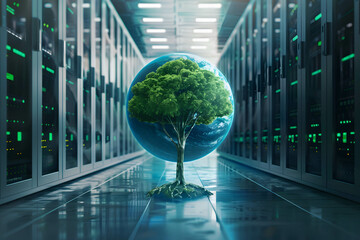 Wall Mural - Green digital technology, save and renewable energy, trends in energy use that give importance to care the environment, beautiful globe and tree hovering in data center