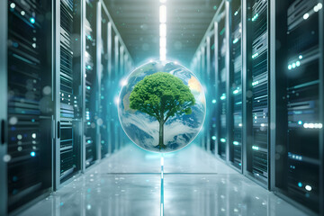 Wall Mural - Green digital technology, save and renewable energy, trends in energy use that give importance to care the environment, beautiful globe and tree hovering in data center