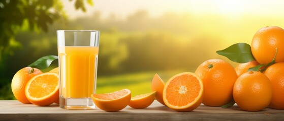 Wall Mural - Freshly squeezed organic orange juice, glass with oranges in the background, morning light,