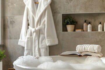 Wall Mural - Cozy bathroom interior. Vertical shot of bathrobe hanging on wall over grooming cosmetic products, open book and decor close to bathtub with hot water and foam. Spa treatment at home or hotel room