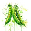 An engaging watercolor of open pea pods with fresh peas