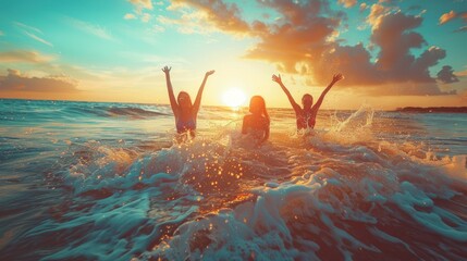 An energetic group of friends splashing water in the sea as the sun sets, creating a lively atmosphere