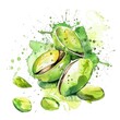 Watercolor art of pistachio nuts amidst a lively splash of green