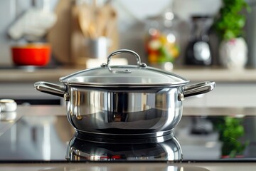 Wall Mural - Metal pan on induction stove, close up. Stainless steel saucepan with lid on glass ceramic hob. Pot with soup. Cooking food at home. Household appliance, blurred countertop. Modern kitchen interior