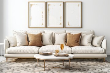 Sticker - Modern living room interior with cushions at comfortable sofa under mockup picture frames, white copy space wall. Coffee table with dishes and champagne glass on designer carpet in minimalist house