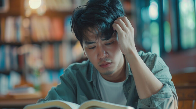 
Asian man reading book or bible hand over head having stressful depression sad time sitting on the table. Depression man sad serios reading book. Education learning bible religion concept