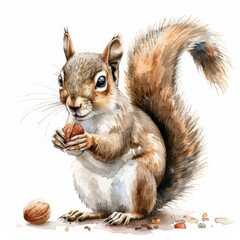 Wall Mural - Playful squirrel holding a nut, bushy tail, engaging eyes, isolated on white background, watercolor.