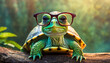 Cute little green turtle with glasses in front of studio background