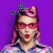 Excited surprised woman. Pinup girl  in red glasses looking sideways. Purple head model at retro fashion vintage concept. Isolated against bright color background. Square composition.