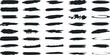 Black brush strokes collection on white background, artistic design elements. Bold, thin, delicate strokes, circular shapes, splatters, random brush shape arrangement