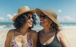 Two beautiful older ladies smiling on a tropical beach in the summertime. Ai