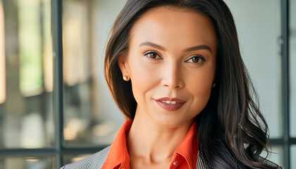 Wall Mural - Headshot close up portrait of latin hispanic confident mature good looking middle age leader, ceo female businesswoman on blur office background. Gorgeous beautiful business woman smiling at camera